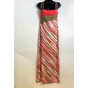 Tommy Bahama Maxi Dress Coral Olive Green Stripe Strappy Summer Resort Size S